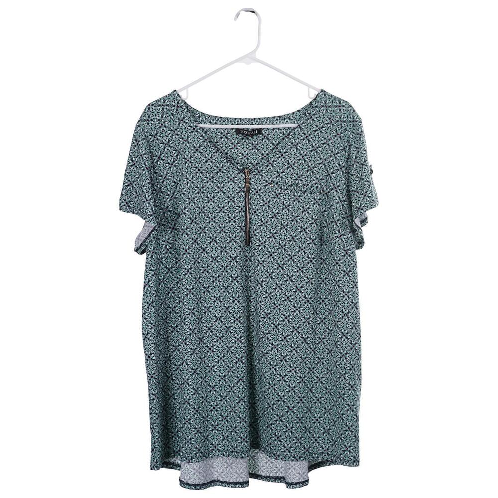Roz & Ali Top 2X Green Navy Blue Print V-Neck Short Sleeve Stretch Casual